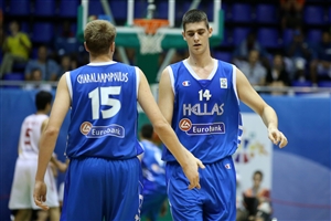 Vasileios Charalampopoulos (#15) and Georgios Papagiannis (#14) (GRE)